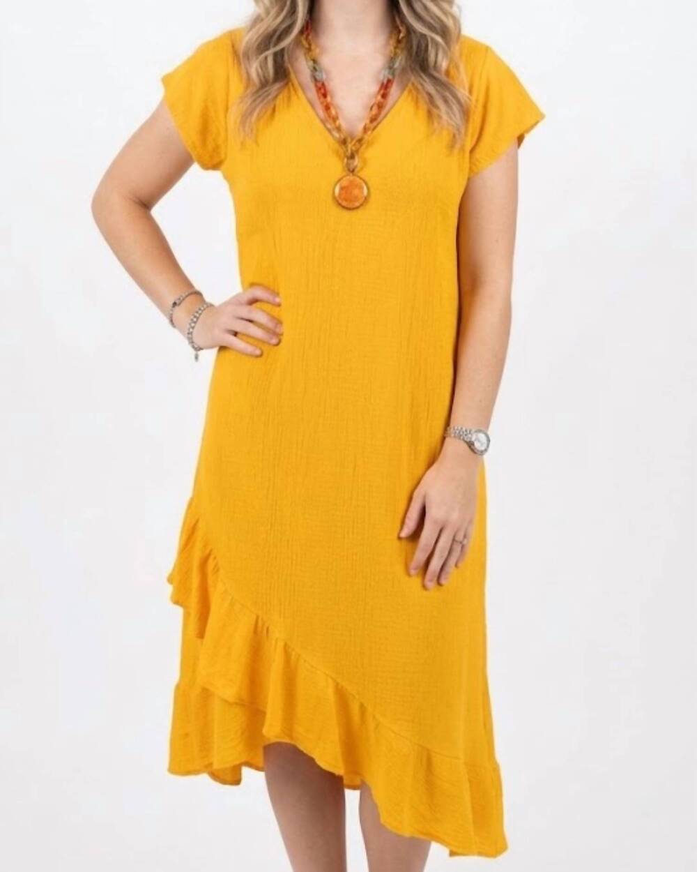 NEW DUNES tantalo rufle detail dress in yellow